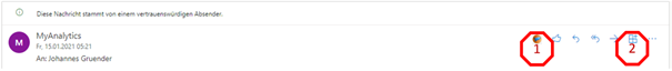 Header of a message in Outlook on the web with the red-marked teamspace logo (1) and the button for opening AppSource (2)