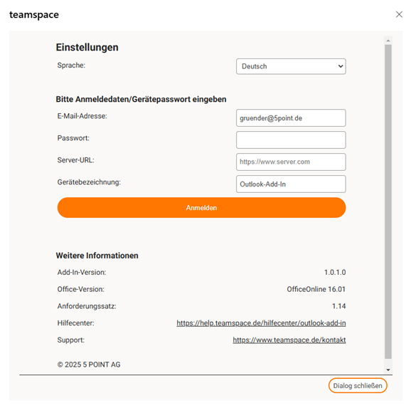 Settings dialog of the teamspace add-in with language 'German', the fields email address, password, server URL and device label 'Outlook-Add-In', the orange 'Sign in' button as well as add-in version, Office version, requirement set, help centre and support link