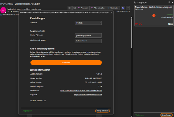 Outlook in dark theme with the settings dialog of the teamspace add-in open (language, signed-in email address, device label, section 'Disconnect add-in' with the 'Sign out' button) and the ticket preview card in the work area on the right