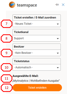 Work area of the teamspace add-in with the numbered selectors: 'Create ticket / match email' set to 'New ticket' (7), ticket channel 'Support' (8), owner 'No owner' (9), ticket status 'Automatic' (10), selected email (11) and the orange 'Create ticket' button (12)