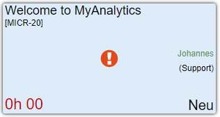 Preview card of the add-in right after ticket creation: subject 'Welcome to MyAnalytics', ticket ID [MICR-20], responsible Johannes (Support), elapsed time '0h 00' and status 'New'