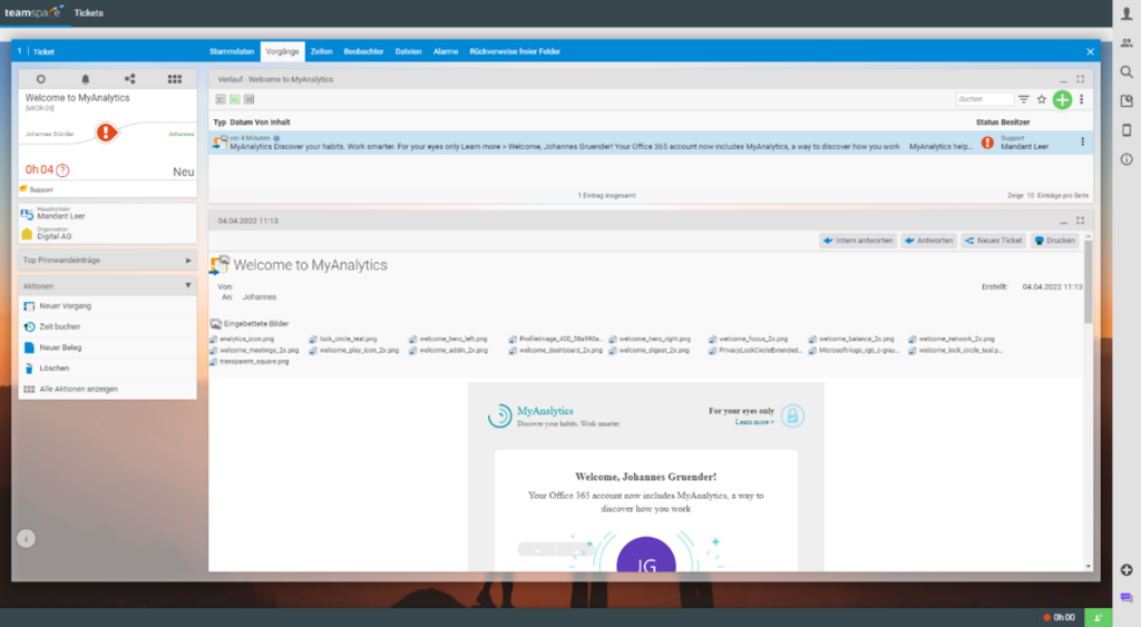 Ticket opened in the teamspace system in the browser: on the left the ticket card with status and responsible person, on the right the 'Activities' tab with the email history, the embedded images and the message content