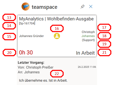 Ticket card of the add-in with numbered areas: subject (13), ticket ID [5p-161704] (14), contact Johannes Gründer (15), status icon (16), responsible Christoph (17), owner Johannes (18), channel Support (19), elapsed time 0h 30 (20), status 'In progress' (21) and below it the 'Latest activity' section (22)