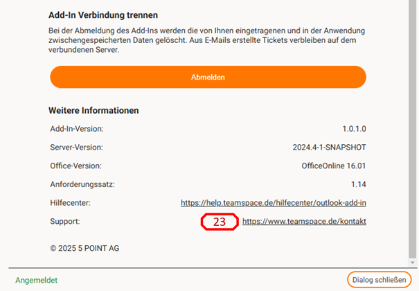 Settings of the add-in with the section 'Disconnect add-in', the 'Sign out' button and the further information: add-in version 1.0.1.0, server version, Office version, requirement set as well as help centre link and red-marked support link (23)