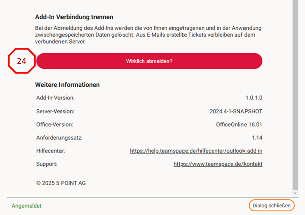 Settings of the add-in in the section 'Disconnect add-in' with the red confirmation button 'Really sign out?' (24)