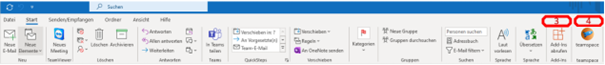 Outlook ribbon on Windows with the red-marked buttons 'Get Add-ins' (3) and the teamspace tile (4) on the far right