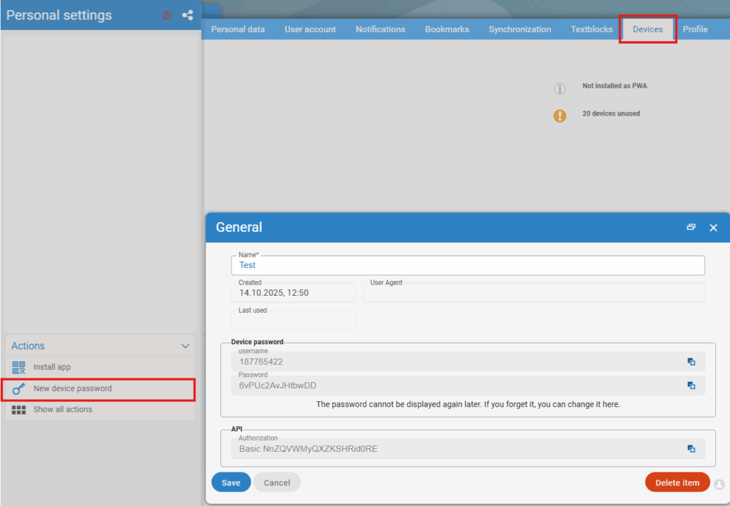 Personal settings → 'Devices' tab – 'New device password' dialog