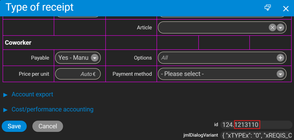 Expense category in debug mode – reading the ID (CTRL + #)