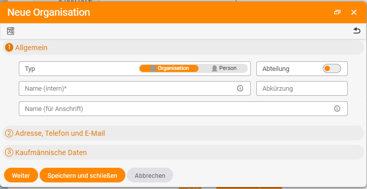 Wizard dialog New organisation with the numbered steps 1 General, 2 Address/phone/email and 3 Commercial data as well as the buttons Next and Save and close