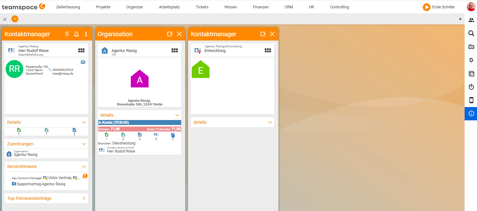 Three detail managers side by side – contact manager, organisation and another contact manager – like a dashboard