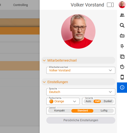 Personal settings with the layout switch Compact / Standard / Airy (Standard active), above it language, colour scheme and variant