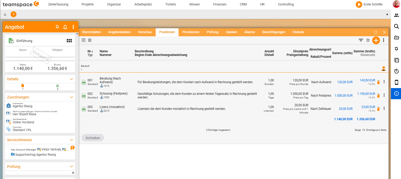 Quote in the Items tab with three items: Consulting by effort, Training at a fixed price and Licence monthly, with net and gross totals
