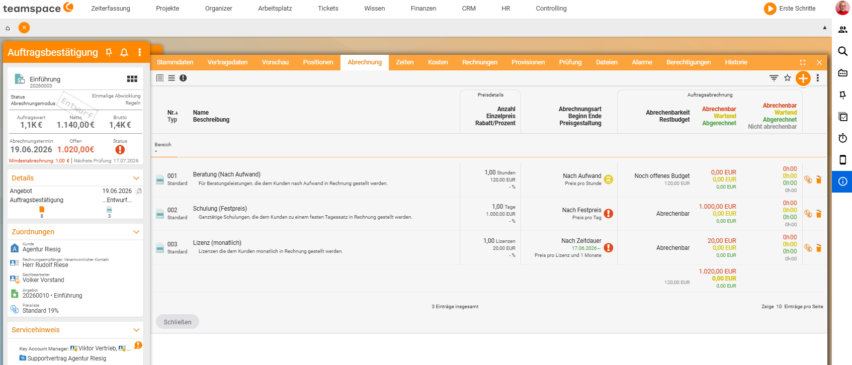 Order confirmation in the Billing tab with two waiting items, marked by a yellow hourglass