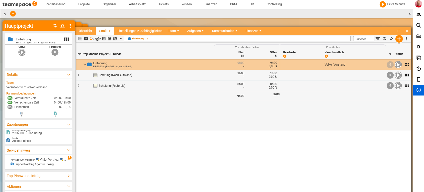 Main project in the Structure tab with two automatically created work packages Consulting (by effort) and Training (fixed price) with planned and actual times