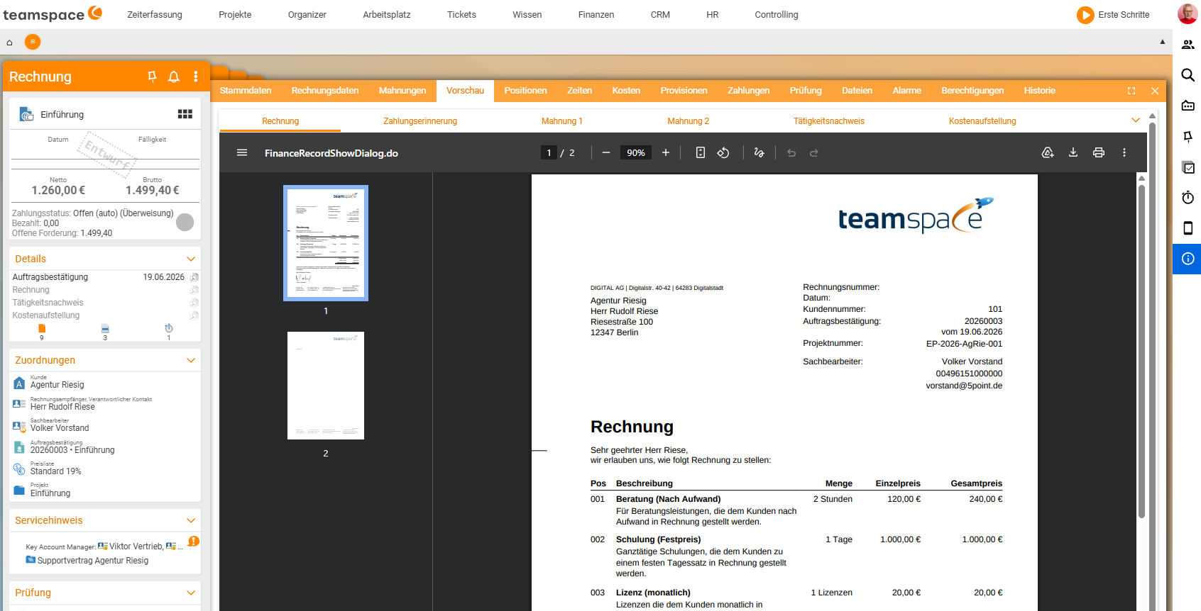 Invoice in the Preview tab with the PDF: teamspace letterhead, item list and a second page for the activity report