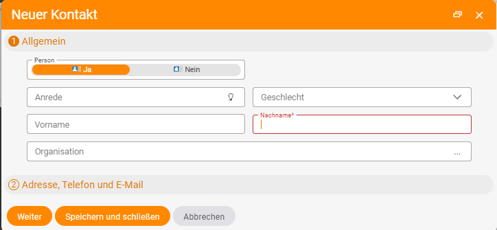Wizard dialog New contact with step 1 General (person, salutation, gender, first name, last name, organisation) and step 2 Address, phone and email