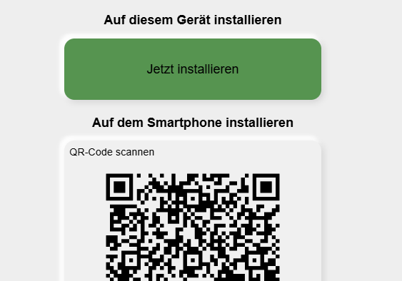 Panel Install app with a button Install now for this device and a QR code to scan with the smartphone