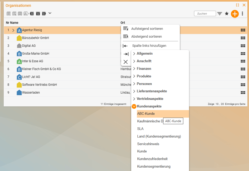 Column context menu of a list with options for sorting and for adding a column, expanded by aspect categories