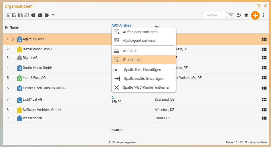 Column context menu with the highlighted command Group on a groupable column
