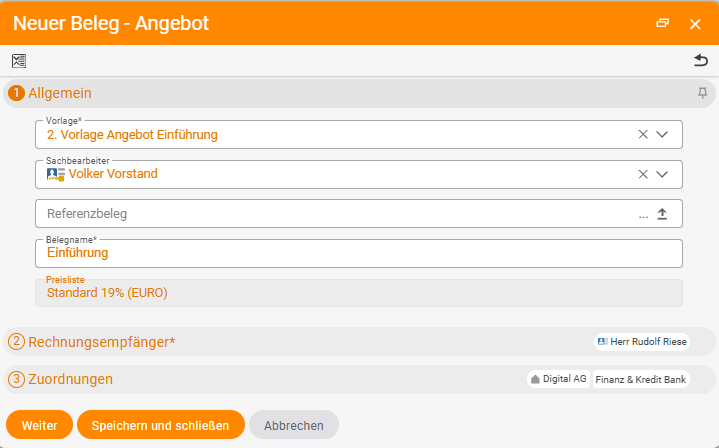 Wizard dialog New document – Quote with the steps General (template, agent, document name), Invoice recipient and Assignments