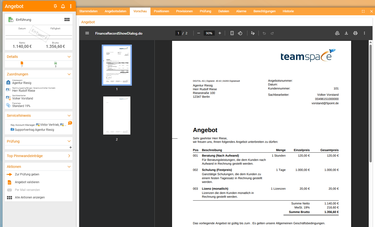 Quote in the Preview tab with the generated PDF: teamspace letterhead, item list and net/gross total