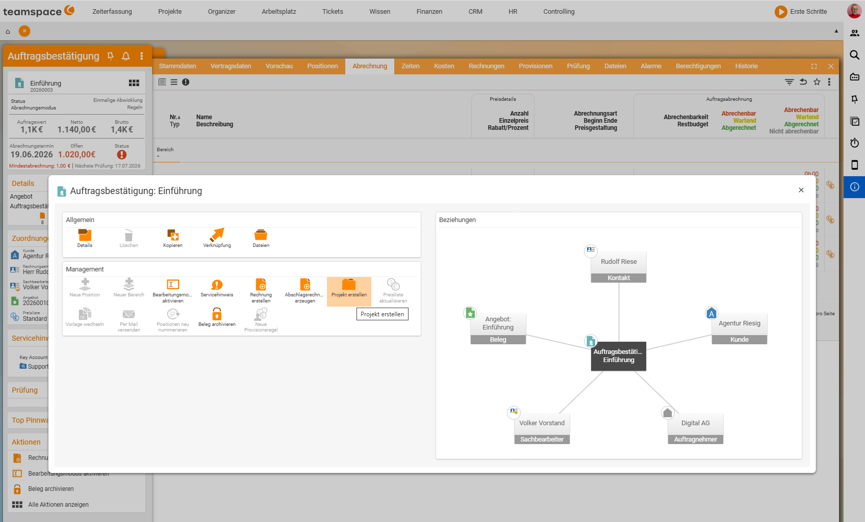 Order confirmation with the action box open; the action Create project is highlighted, on the right the relationship network