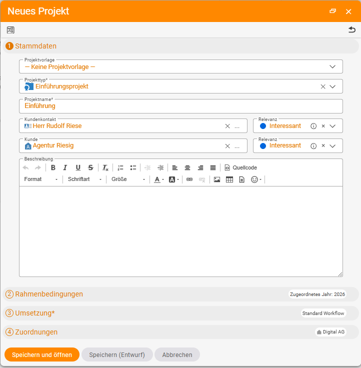 Wizard dialog New project with master data: project type onboarding project, project name, customer contact and customer, button Save and open