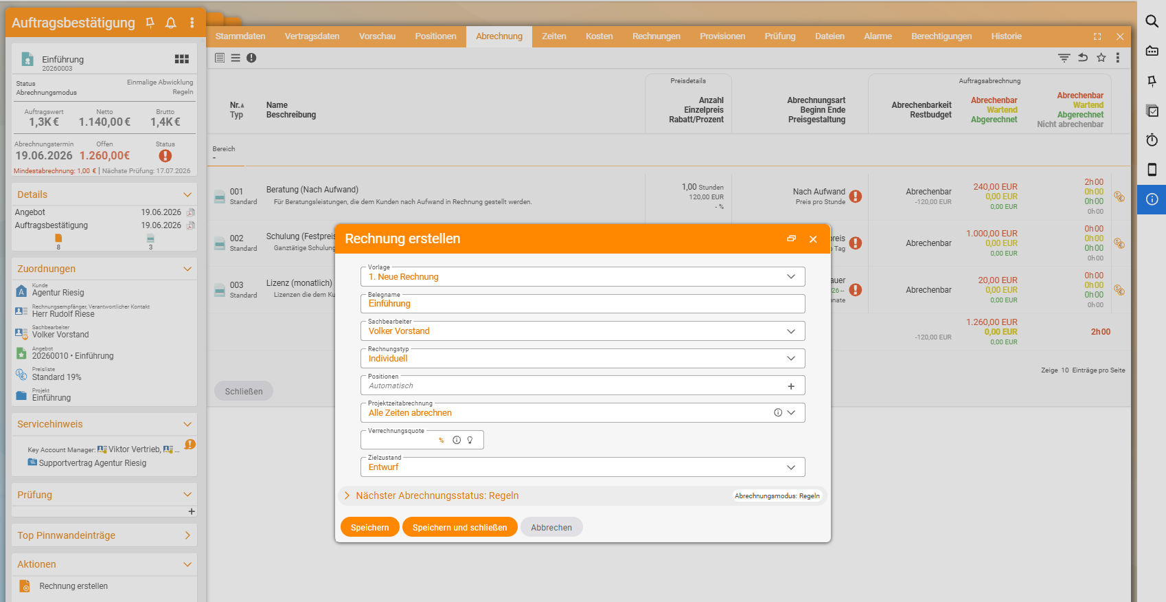 Dialog Create invoice over the order confirmation; selection of what should be billed
