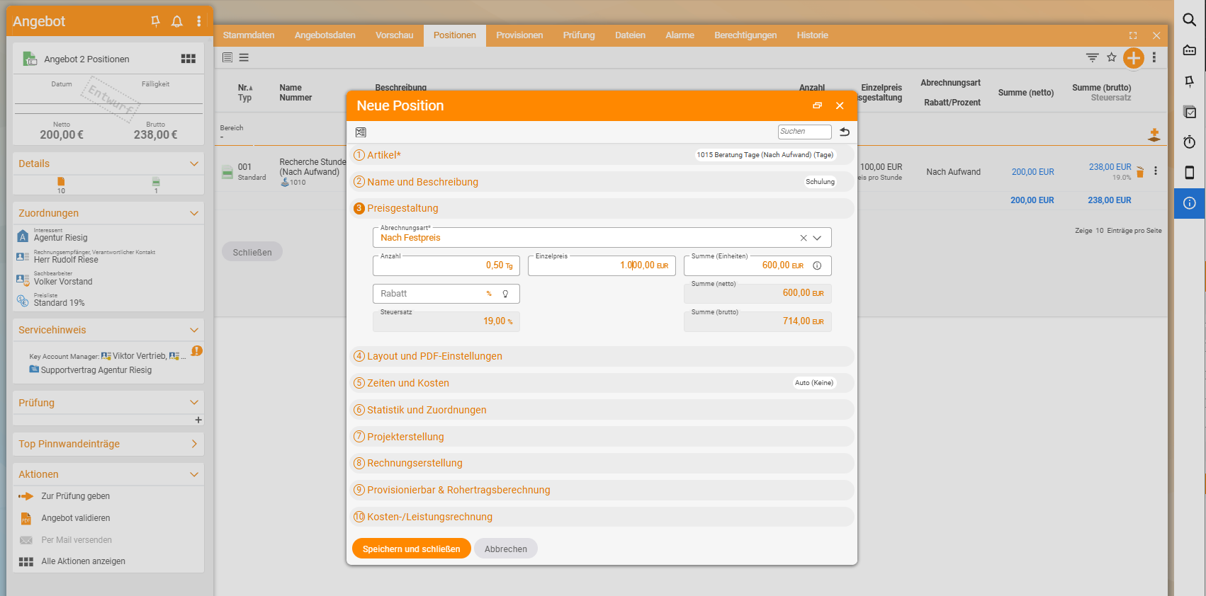 Quote in the Items tab with the New item dialog open; in the pricing, By fixed price with 0.5 days at €1,000.00 is selected