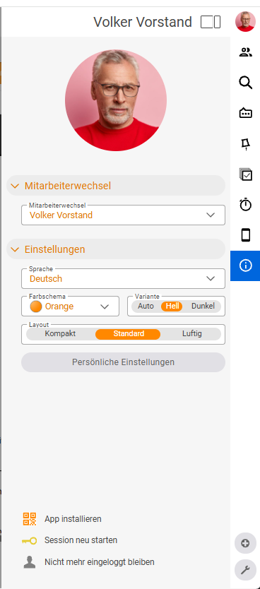 Personal settings with the lower entries Install app, Restart session and Don't stay logged in