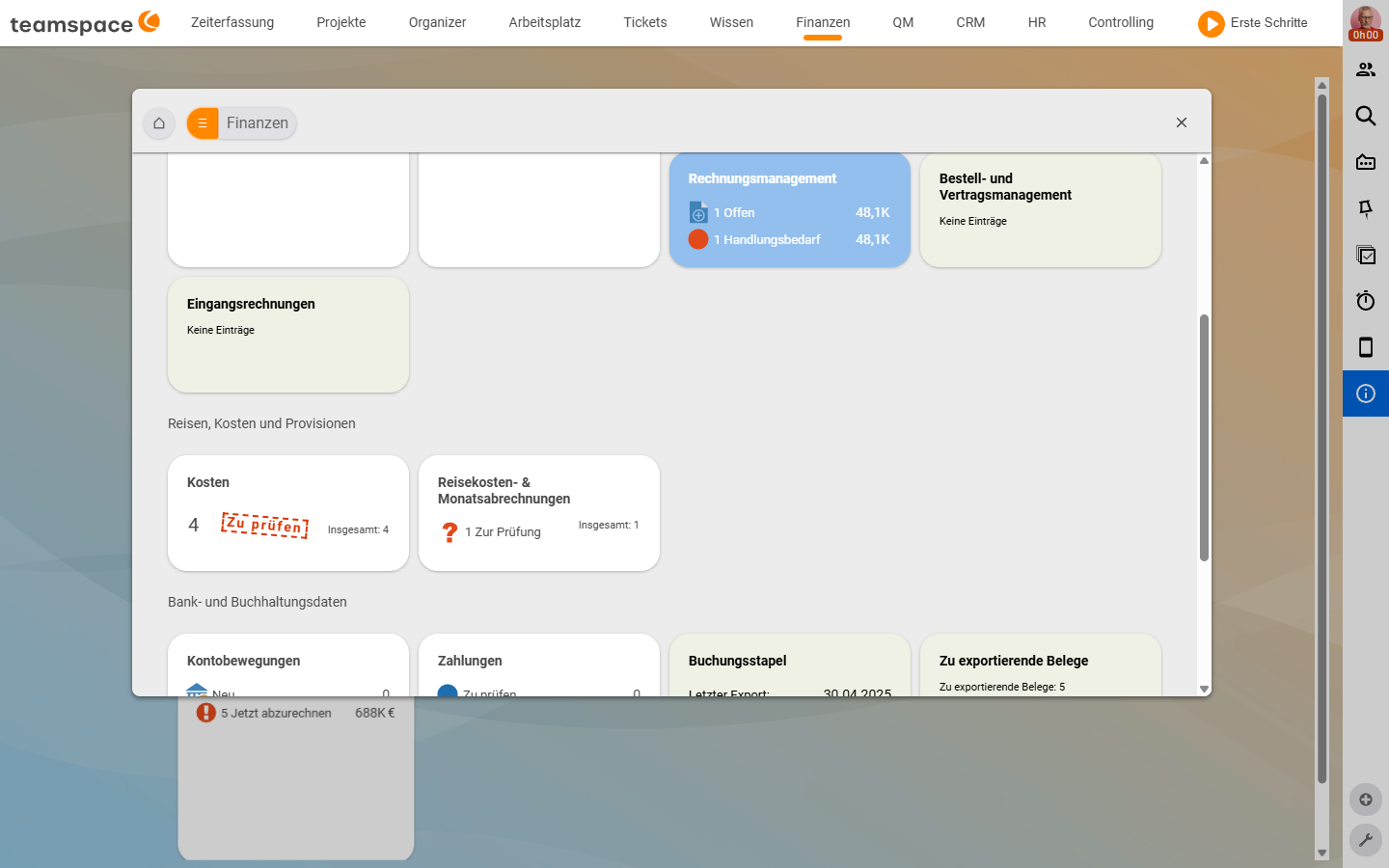 Finance module modal, section Travel, costs and commissions with the tiles Costs (4 To review) and Travel expense & month-end statements (1 for review); above it, in a separate block, the Incoming invoices tile