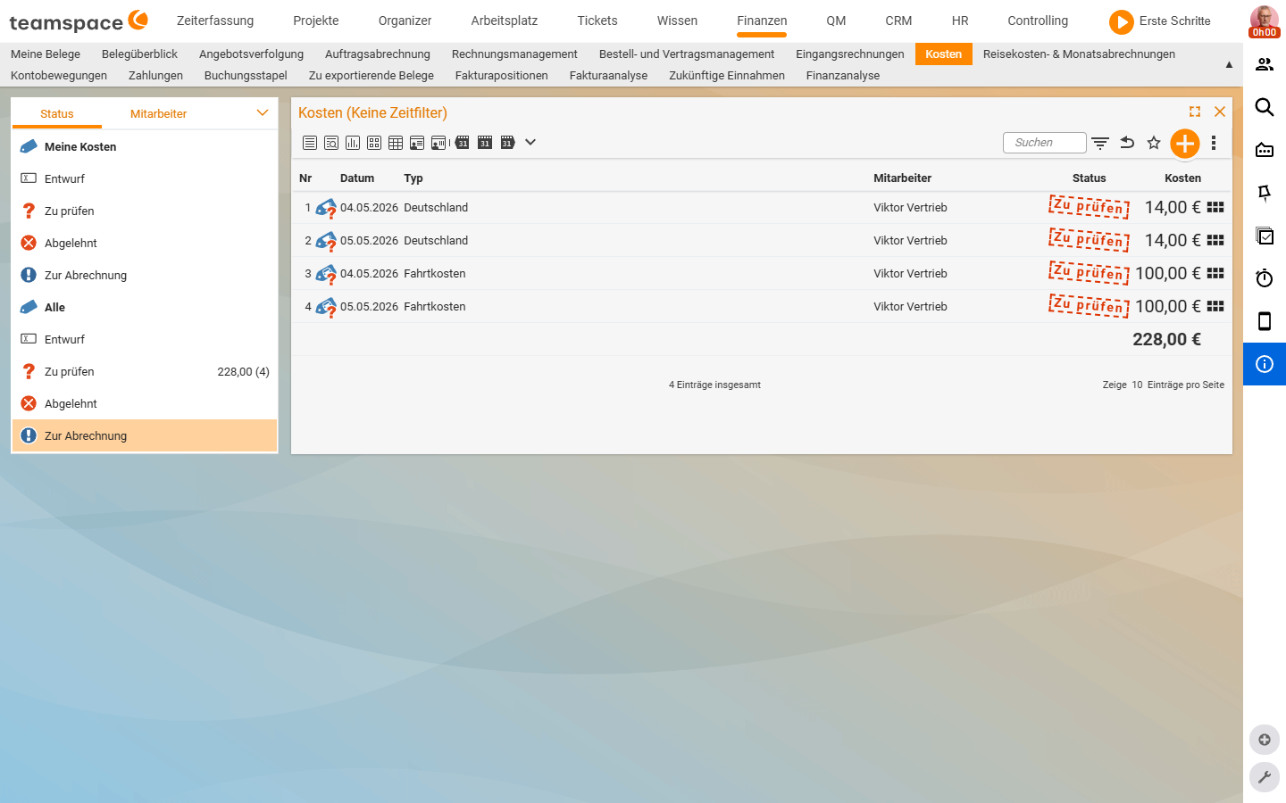 Costs list with left sidebar (tabs Status/Employee) and status filters Draft, To review (228.00 / 4), Rejected, For billing; columns No, Date, Type, Employee, Status, Costs with four documents from Viktor Vertrieb