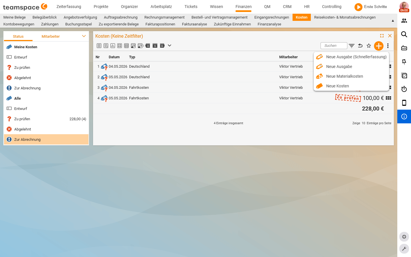 Costs list with the plus button drop-down open: New expense (quick entry), New expense, New material costs, New costs