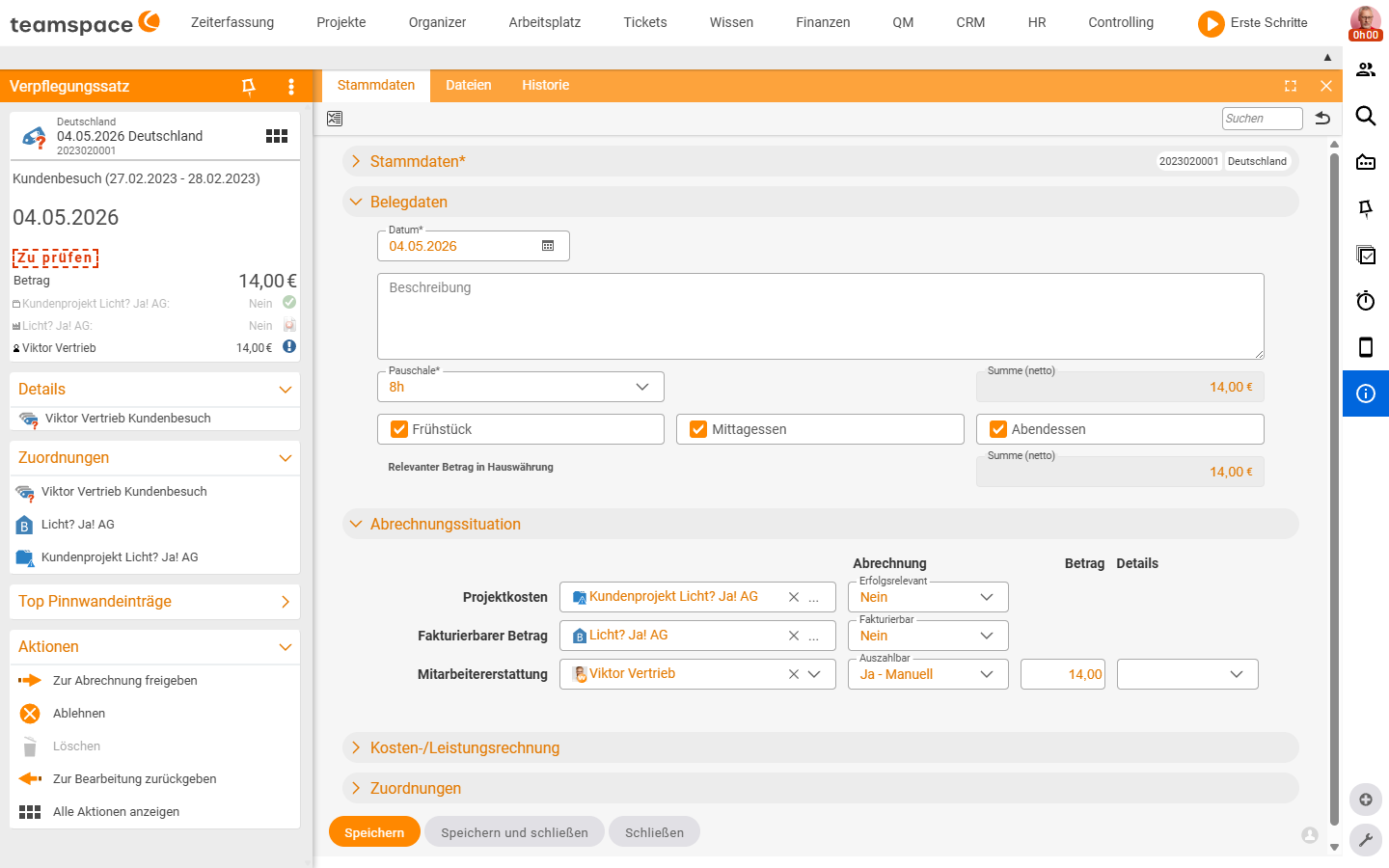 Detail manager Meal allowance Germany with the Document data accordion: date, description, flat rate 8h, net total €14 and the activated checkboxes Breakfast, Lunch, Dinner; below it the Billing situation accordion