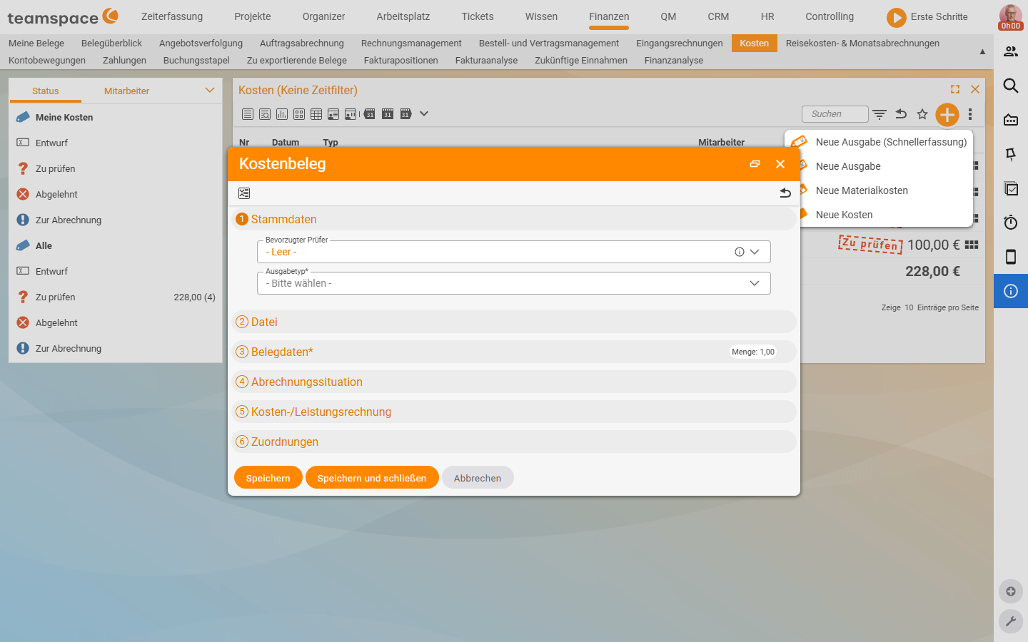 Create dialog Expense receipt with six numbered accordions (Master data, File, Document data, Billing situation, Cost accounting, Assignments); in the Master data accordion the fields Preferred reviewer (- Empty -) and Expense type* (- Please choose -)