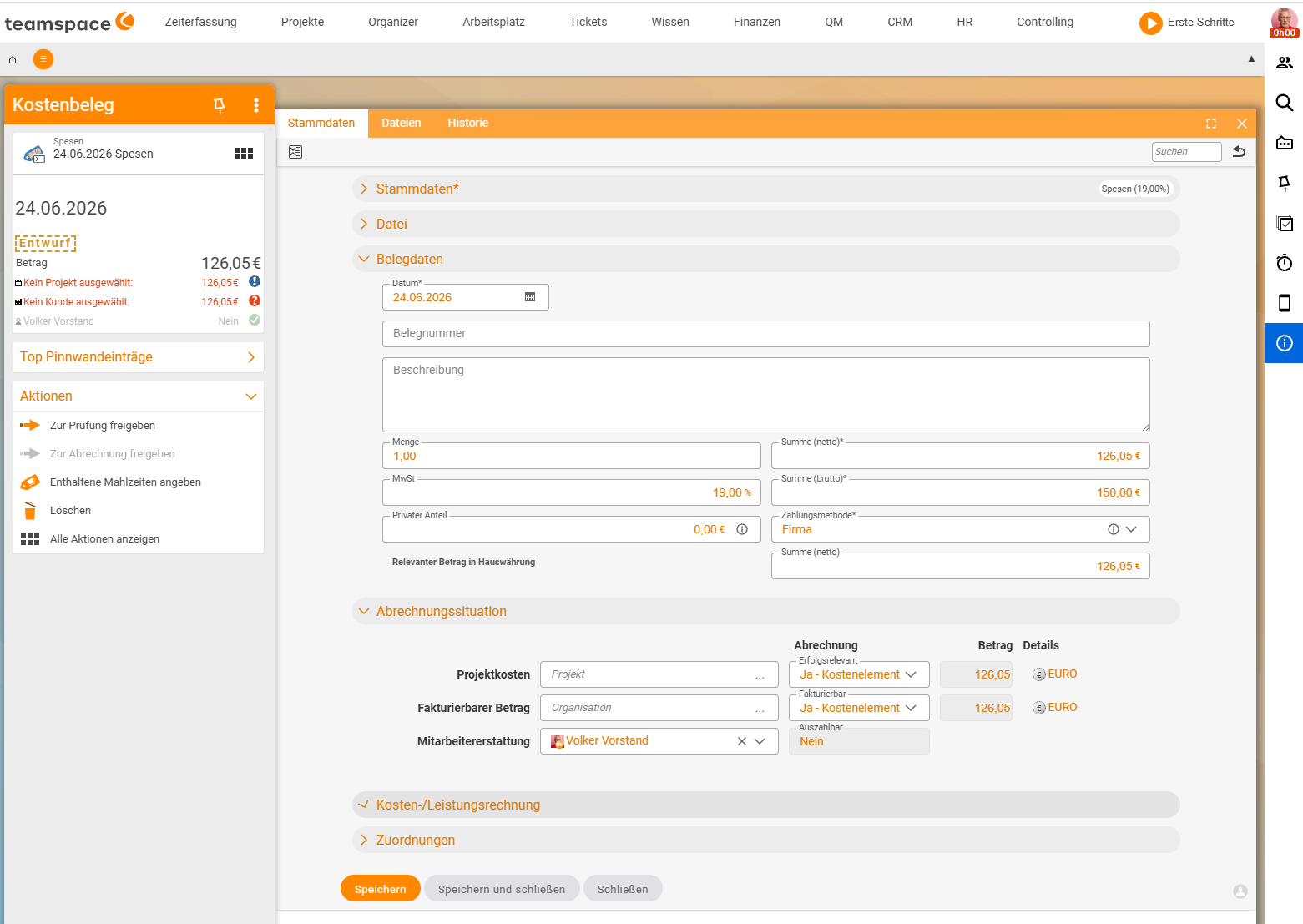 Detail manager of an expense receipt (Expenses, 24/06/2026), Master data tab: Document data accordion with date, quantity 1.00, VAT 19%, net total €126.05 / gross €150, below it the Billing situation accordion with Project costs, Billable amount and Employee reimbursement