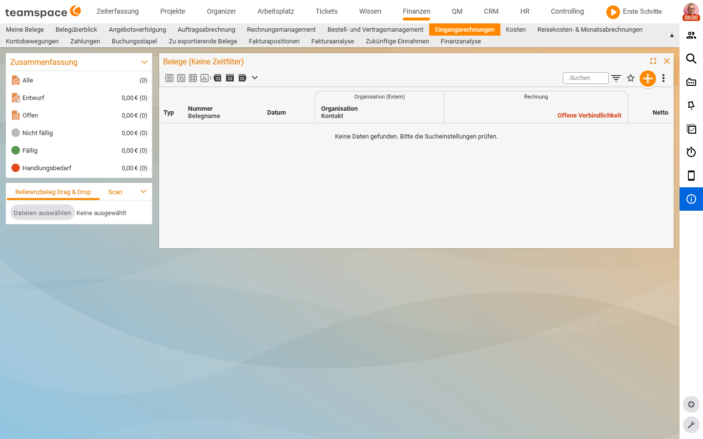 Incoming invoices list (documents) with left sidebar Summary (All, Draft, Open, Not due, Due, Action needed) and the tabs Reference document drag & drop and Scan; columns Type, Number/Document name, Date, Organisation/Contact, Invoice, Net