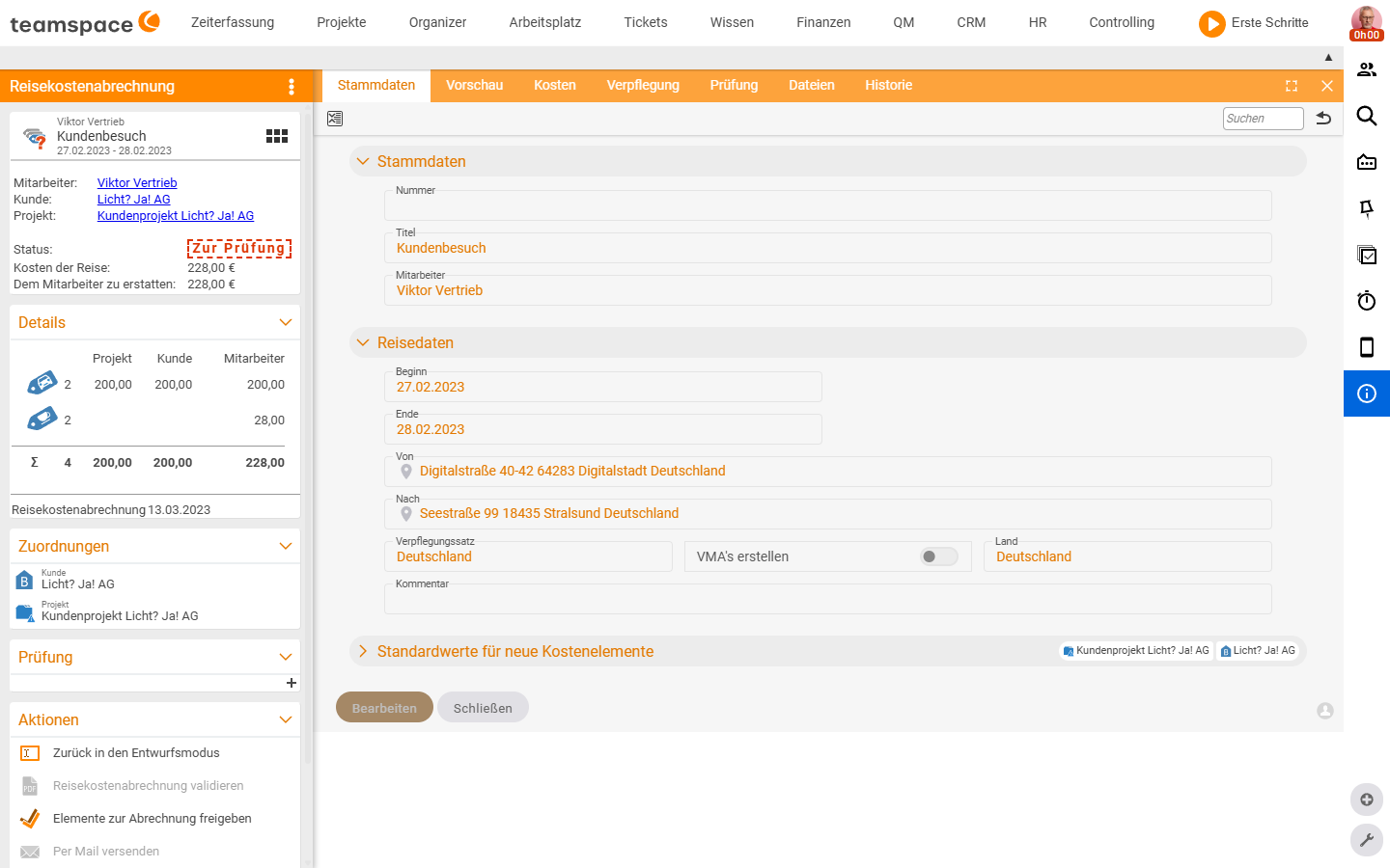 Detail manager Travel expense report, Master data tab: Master data accordion (number, title Customer visit, employee Viktor Vertrieb) and Trip data accordion (Start 27 Feb, End 28 Feb, From/To addresses, meal allowance Germany, toggle Create meal allowances, country); below it Default values for new cost elements