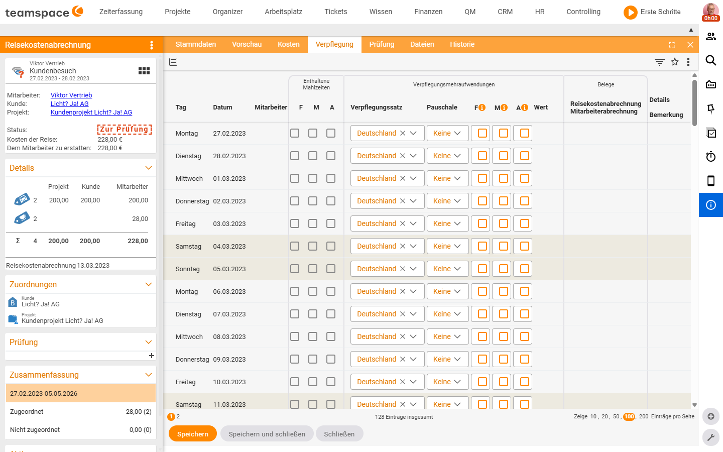 Meals tab of the travel expense report: day-by-day table with columns Day, Date, Included meals (B/L/D), meal allowance, flat rate, B/L/D, value; three checkboxes per day for Breakfast, Lunch, Dinner