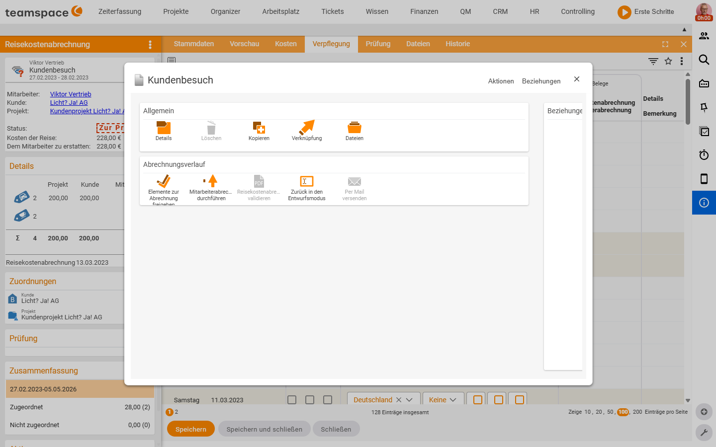 Actions modal of the travel expense report with section General (Details, Delete, Copy, Link, Files) and section Billing history (Release elements for billing, Run employee payroll, Validate travel expense report, Back to draft mode, Send by email)