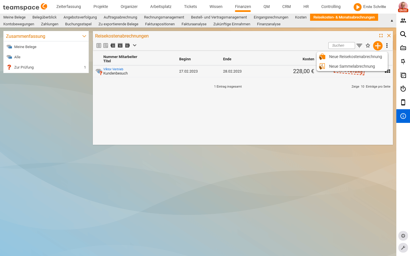 Travel expense reports list with the plus button drop-down open: New travel expense report and New collective statement
