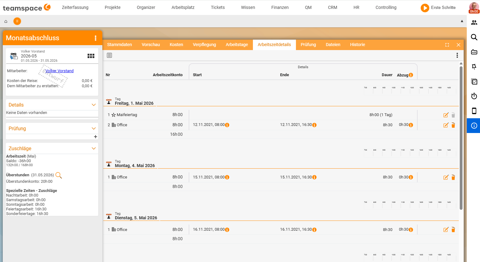 Month-end closing (Volker Vorstand, May 2026), Working-time details tab with the booked days; on the left the Supplements box with working-time balance, overtime and the special times (night work, Saturday, Sunday, public holiday work 16:30, special public holidays 16:30)