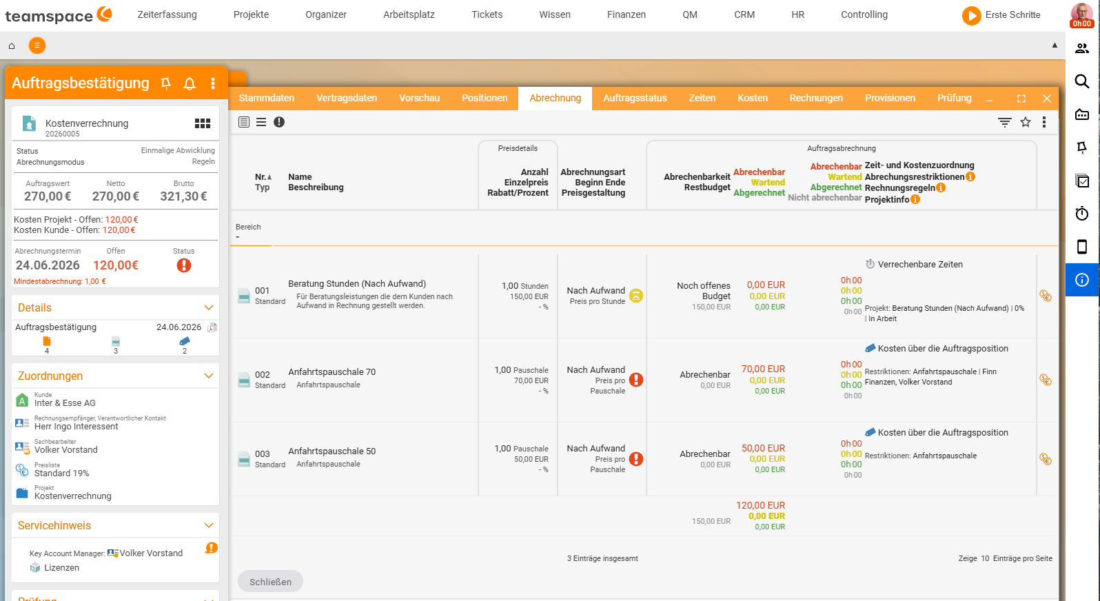Order detail manager, Billing tab: list of order items (Consulting by effort, travel flat rates) with columns for quantity, billing type and pricing as well as red 'can be billed' markers on the billable cost items