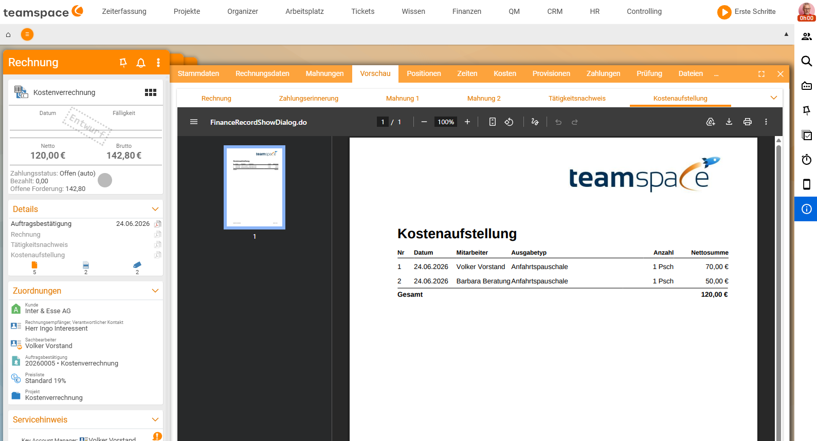 Invoice preview, Cost breakdown tab: the attached cost statement as a PDF with the columns No, Date, Employee, Expense type, Quantity and net total – two travel flat rates with €70 and €50, separated by employee