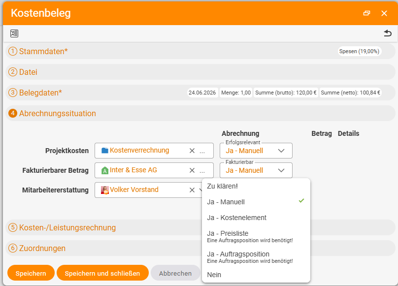 Expense receipt dialog, Billing situation accordion with the Billable amount row and the open price-source drop-down: Yes - Manual (selected), Yes - Cost element, Yes - Price list, Yes - Order item, plus To clarify! and No