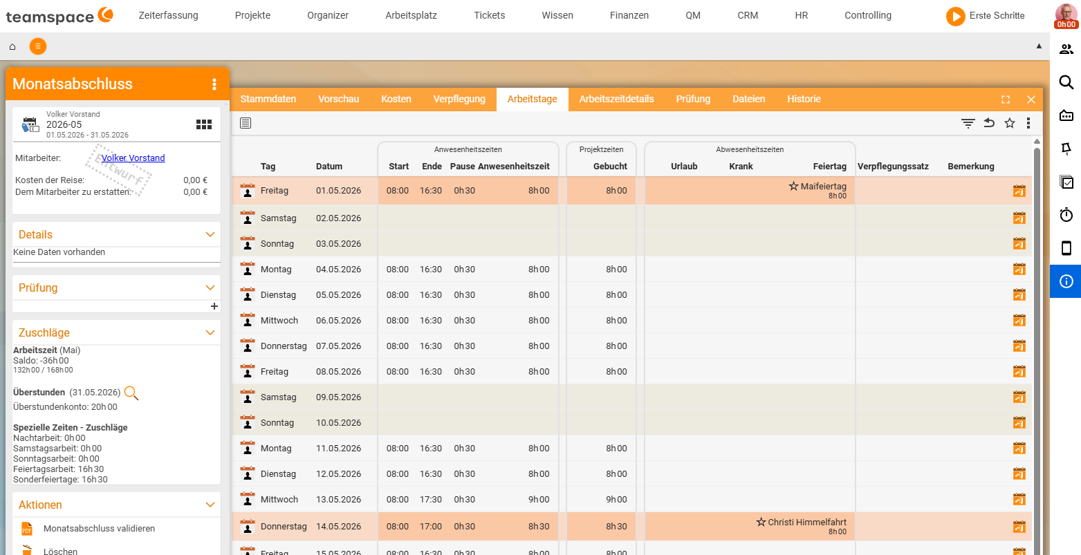 Month-end closing, Working days tab: table over the days of the month with date, start, attendance/break, project time, target/actual, leave, sick, public holiday and remark
