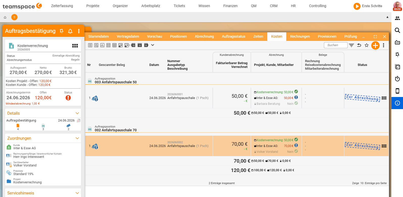 Order detail manager, Billing tab with two travel-flat-rate items: one with €50 and one with €70 billable amount, each restricted to one employee, both with a red 'can be billed' marker