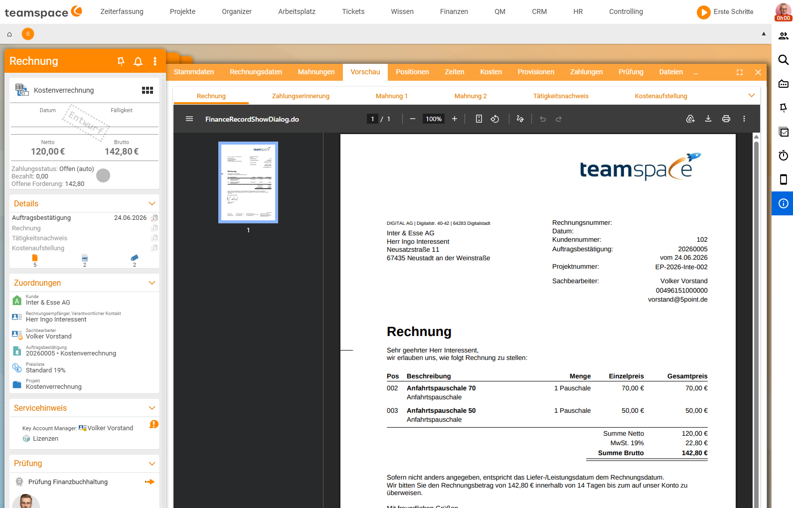 Invoice preview (Preview tab) with the invoice document: both travel flat rates appear as separate items with €70 and €50