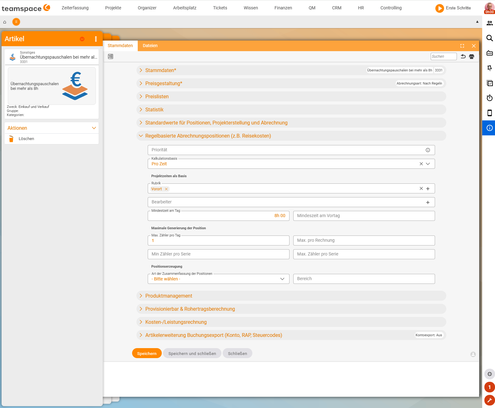 Article 'Accommodation flat rates for more than 8h' (area Other), accordion 'Rule-based billing items (e.g. travel expenses)' expanded: calculation basis 'Per time', project-times category 'On site', field 'Minimum time per day' with 8h 00 and 'Max. counter per day' = 1
