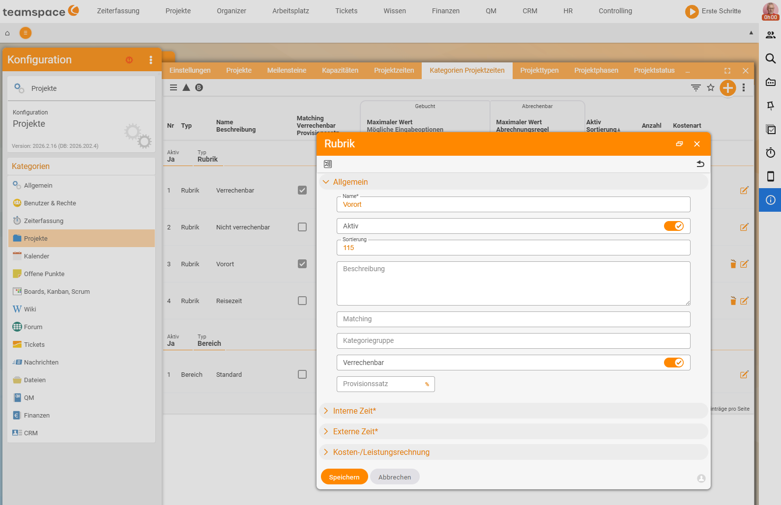 Configuration → Projects → Project time categories: the category dialog 'On site' (name 'On site', Active, sorting 115) with the 'Billable' switch enabled; in the background the category list with Billable, Non-billable, On site and Travel time